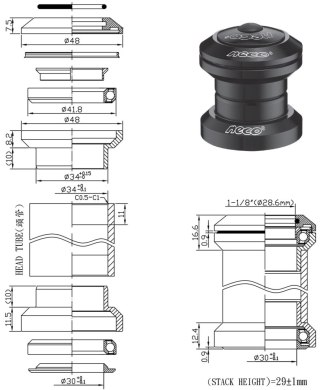 Stery ahead 1-1/8" / 34x30 / alu / NECO H773 / BK